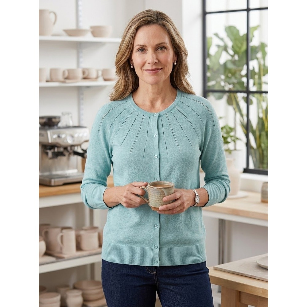 Pointelle Yoke Croft & Barrow Blue Cotton Modal Cardigan Size PS Petite Small